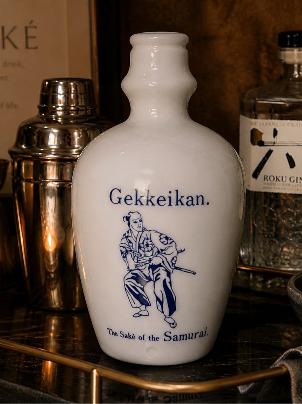 Gekkeikan Samurai Sake Bottle Decanter Japanese Ceramic Flask Vintage Bar Decor